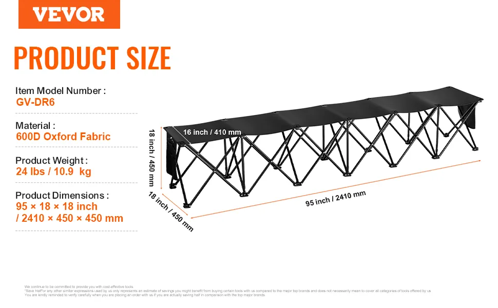 VEVOR portable folding sport bench, 95x18x18 inches, 600d oxford fabric, model gv-dr6, weighs 24 lbs.