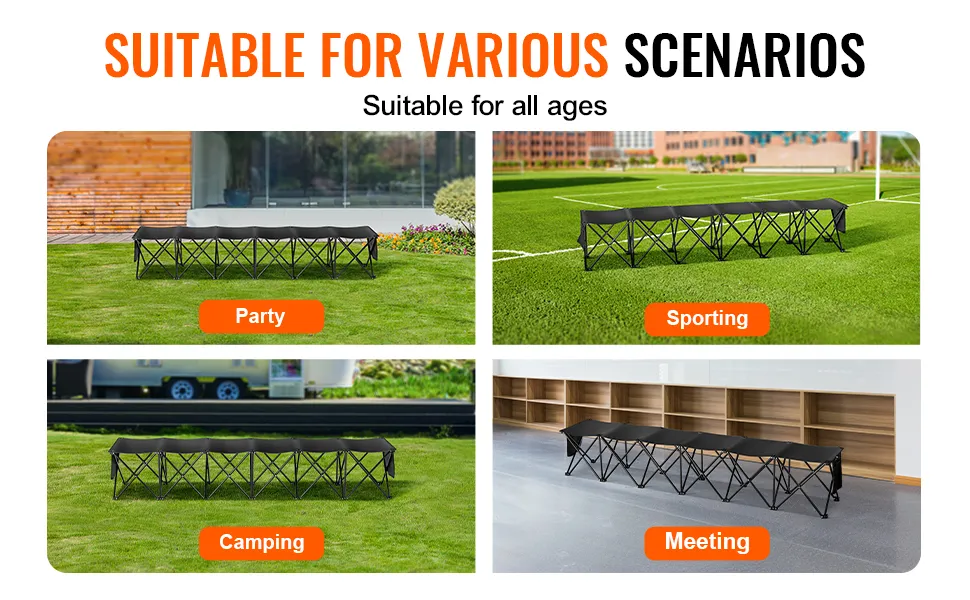 VEVOR portable folding sport bench in various scenarios: party, sporting, camping, and meeting.