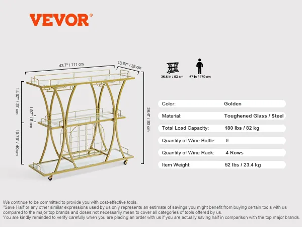 golden VEVOR bar cart with toughened glass and steel, holds 9 wine bottles, and has a total load capacity of 180 lbs.