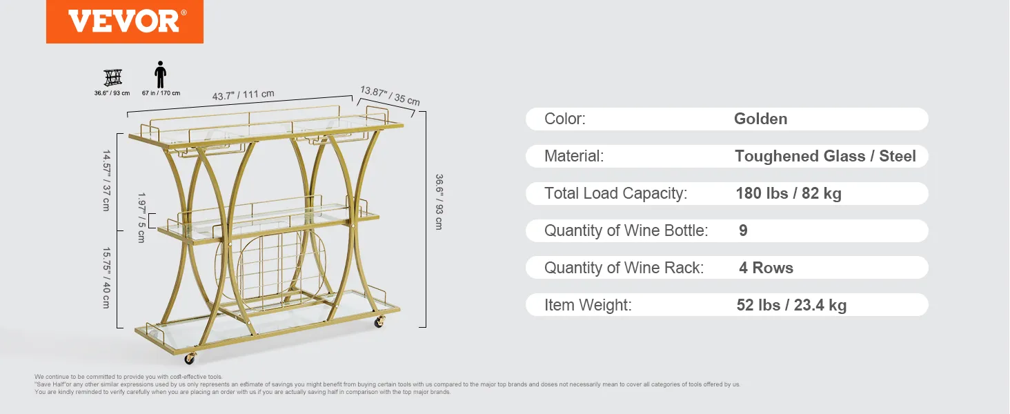 golden VEVOR bar cart with toughened glass and steel, holds 9 wine bottles, and has a total load capacity of 180 lbs.