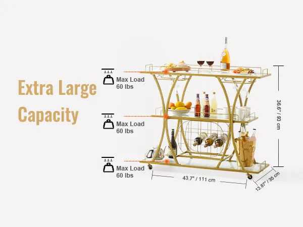 VEVOR bar cart with extra large capacity, three shelves, and max load of 60 lbs per shelf.