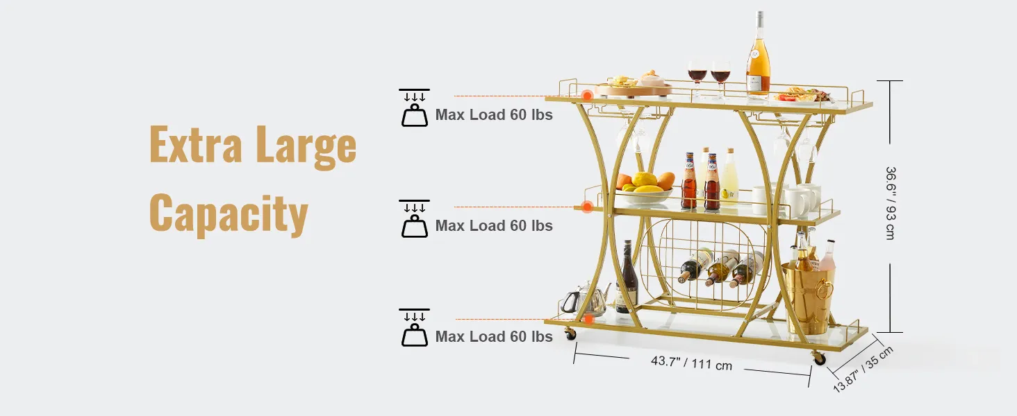 VEVOR bar cart with extra large capacity, three shelves, and max load of 60 lbs per shelf.