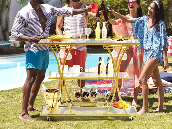 outdoor pool party with friends enjoying drinks and snacks around a VEVOR bar cart in a lush garden.
