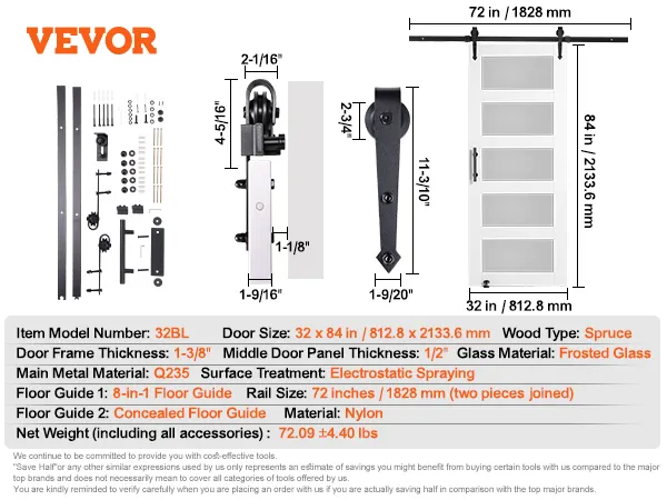 VEVOR barn door kit: 32 x 84 in frosted glass door, 72 in rail, floor guides, and installation hardware.
