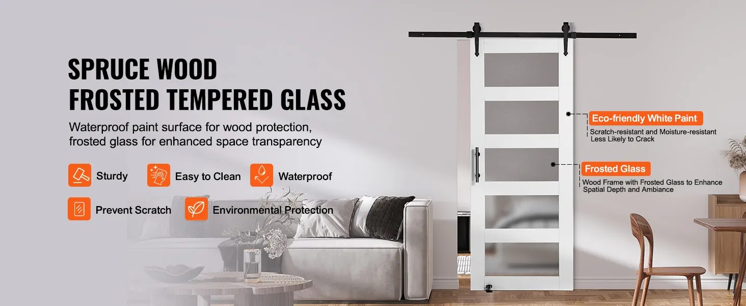 spruce wood VEVOR barn door kit with frosted tempered glass, eco-friendly white paint, and waterproof surface.
