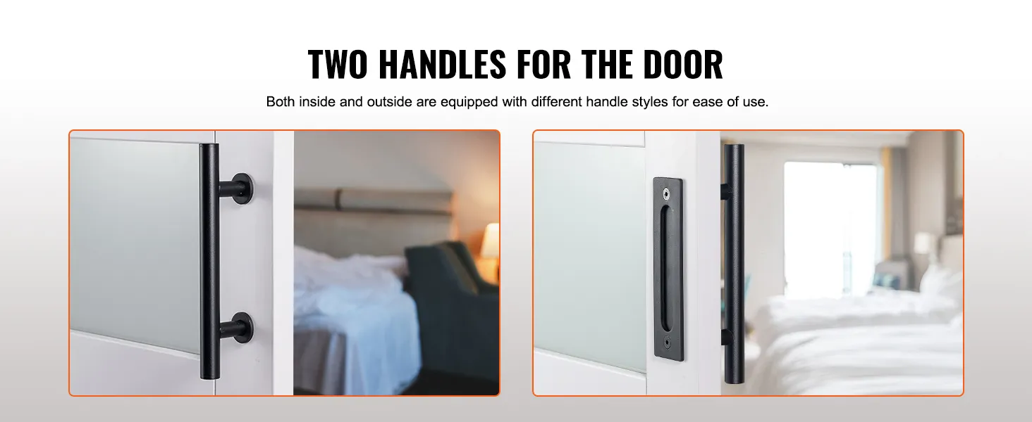 two handle styles on a white door with text: "VEVOR barn door kit." bedroom in the background.