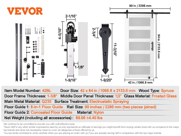 VEVOR barn door kit with 42x84 in frosted glass, spruce wood, and 90 in rail system.