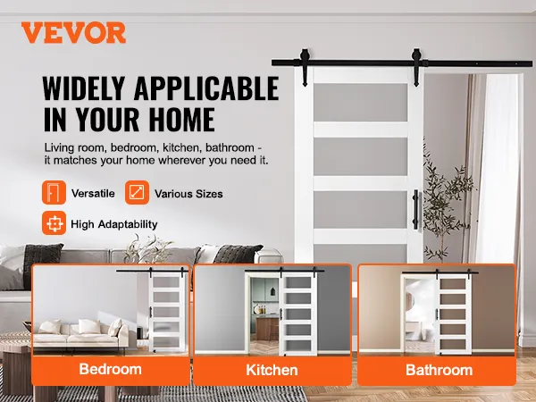 VEVOR barn door kit displayed in living room with versatility for bedroom, kitchen, and bathroom.