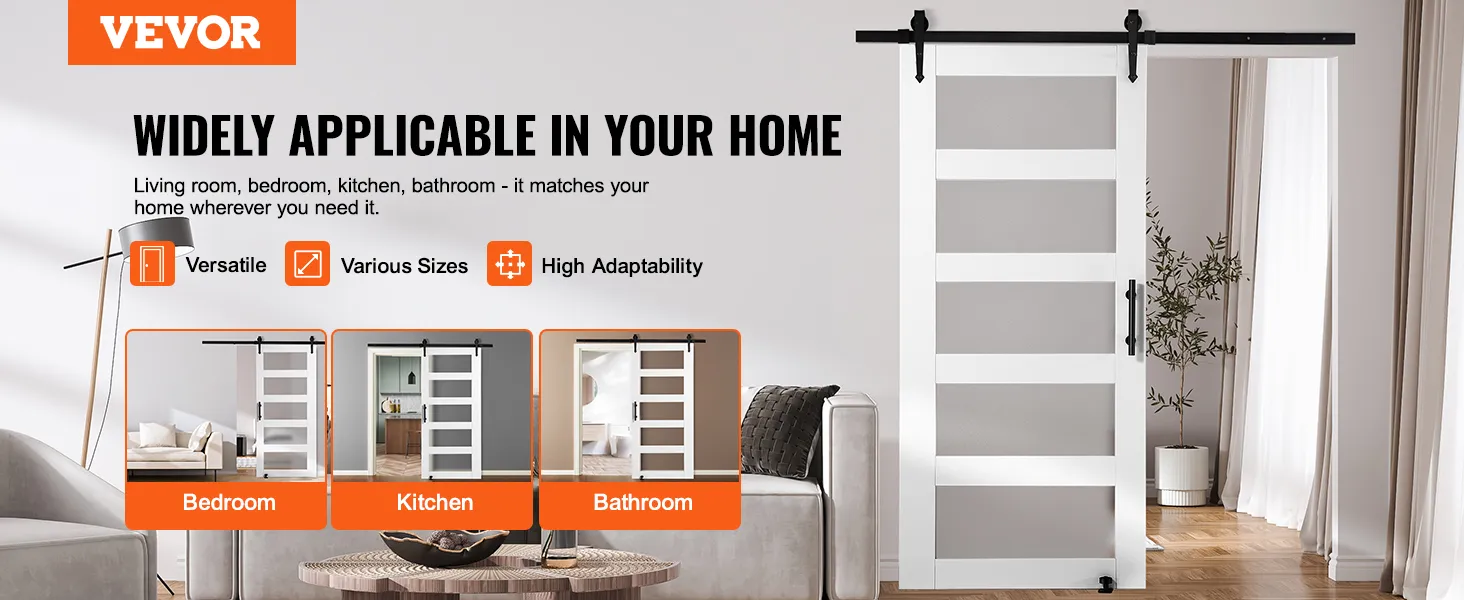 VEVOR barn door kit displayed in living room with versatility for bedroom, kitchen, and bathroom.