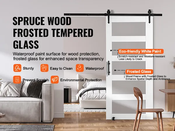 VEVOR barn door kit: spruce wood frame, frosted tempered glass, eco-friendly white paint, waterproof.