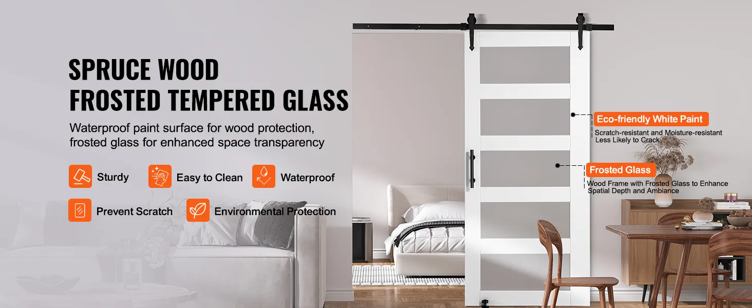 VEVOR barn door kit: spruce wood frame, frosted tempered glass, eco-friendly white paint, waterproof.
