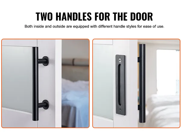 two handle styles for the VEVOR barn door kit, showcasing interior and exterior views in a bedroom.