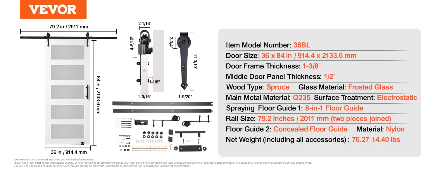 VEVOR barn door kit with 36 x 84 in frosted glass spruce door, q235 metal, nylon guides, and accessories.
