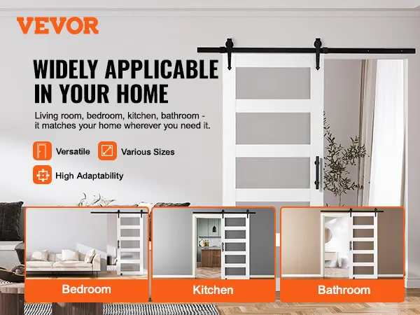 VEVOR barn door kit showcased in living room, bedroom, kitchen, and bathroom settings, highlighting versatility.