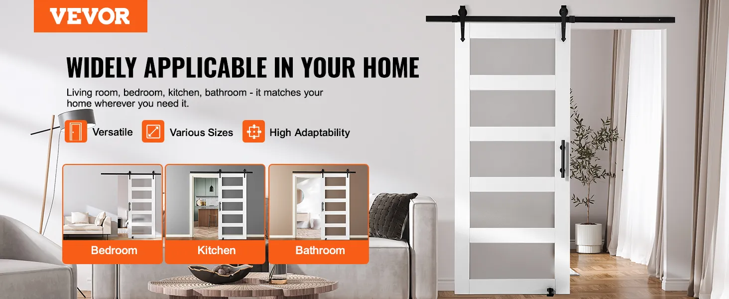 VEVOR barn door kit showcased in living room, bedroom, kitchen, and bathroom settings, highlighting versatility.
