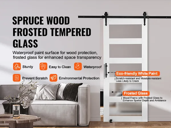 spruce wood door with frosted tempered glass, VEVOR barn door kit, eco-friendly white paint, modern living room.