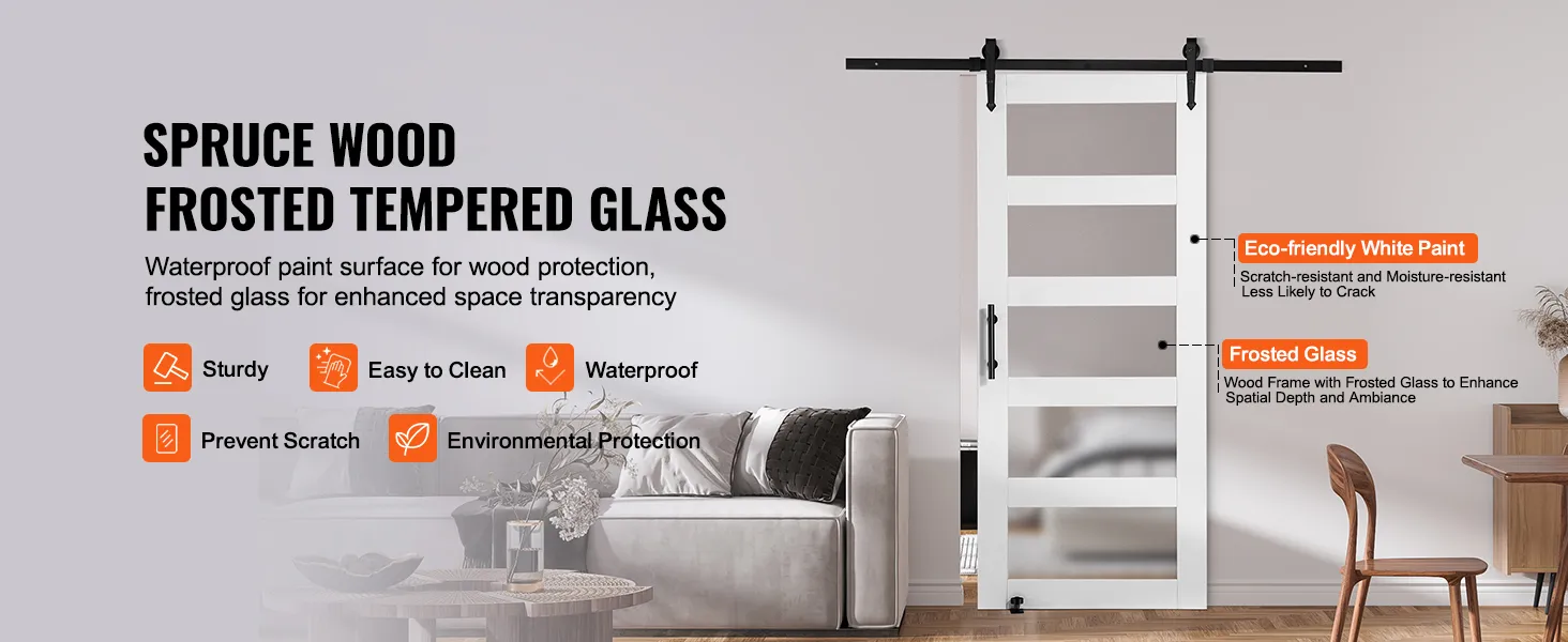 spruce wood door with frosted tempered glass, VEVOR barn door kit, eco-friendly white paint, modern living room.