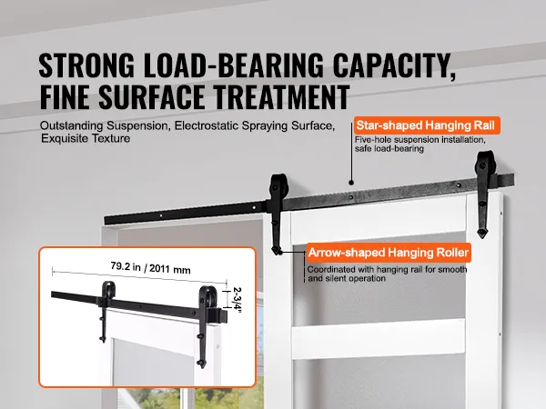 strong load-bearing VEVOR barn door kit with fine surface treatment, hanging rail, and roller details.