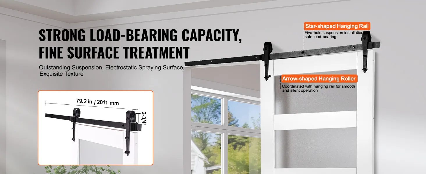 strong load-bearing VEVOR barn door kit with fine surface treatment, hanging rail, and roller details.