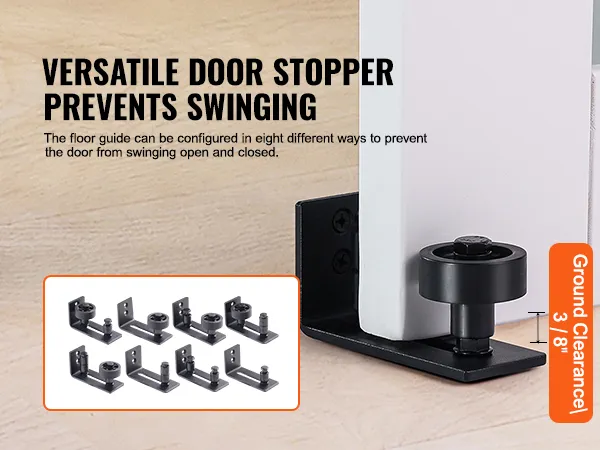 versatile door stopper prevents swinging, featuring 8 configurations and 3/8" ground clearance. VEVOR barn door kit.