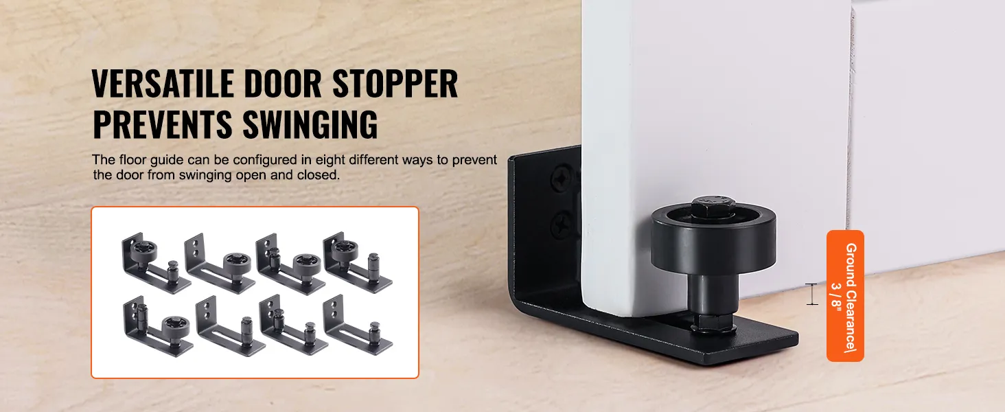 versatile door stopper prevents swinging, featuring 8 configurations and 3/8" ground clearance. VEVOR barn door kit.