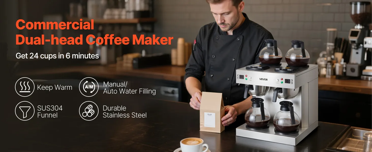 VEVOR Commercial Drip Coffee Maker, 24 Cups Coffee-Maker Machine with 4 Glass Carafes and 4 Decanter Warmer Plates, Stainless Steel Dual-Head Coffee Brewer, for Restaurant, Office, Coffee Shop & Home