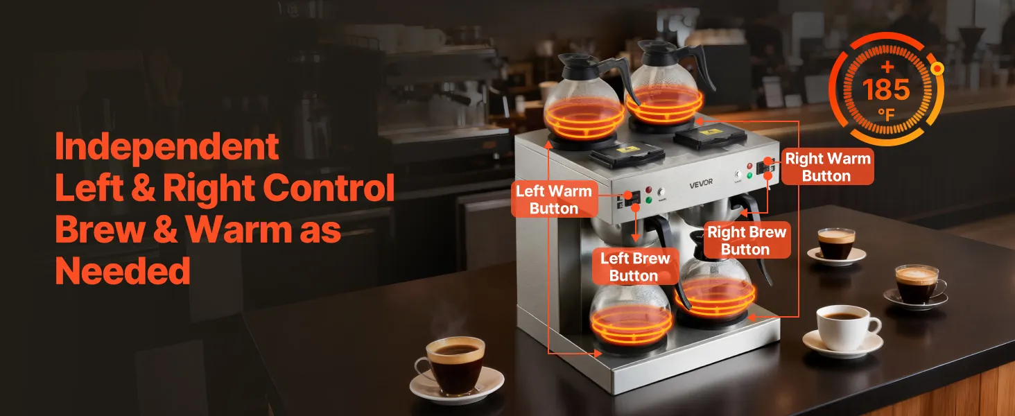 VEVOR Commercial Drip Coffee Maker, 24 Cups Coffee-Maker Machine with 4 Glass Carafes and 4 Decanter Warmer Plates, Stainless Steel Dual-Head Coffee Brewer, for Restaurant, Office, Coffee Shop & Home