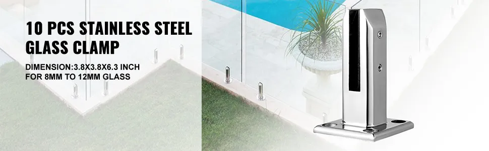stainless steel VEVOR glass railing clamp for poolside glass panels.
