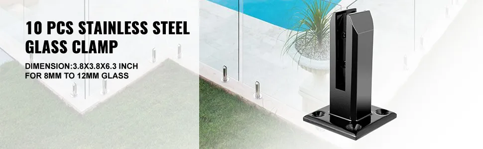 Abrazadera de vidrio de acero inoxidable de 10 piezas para piscina con dimensiones que se muestran.