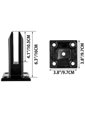 Medidas de la abrazadera de barandilla de vidrio VEVOR: altura 6,3"/16 cm, base 3,8"/9,7 cm.