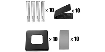 Juego de abrazaderas para barandilla de vidrio VEVOR con 10 piezas de hardware que se muestran por separado.