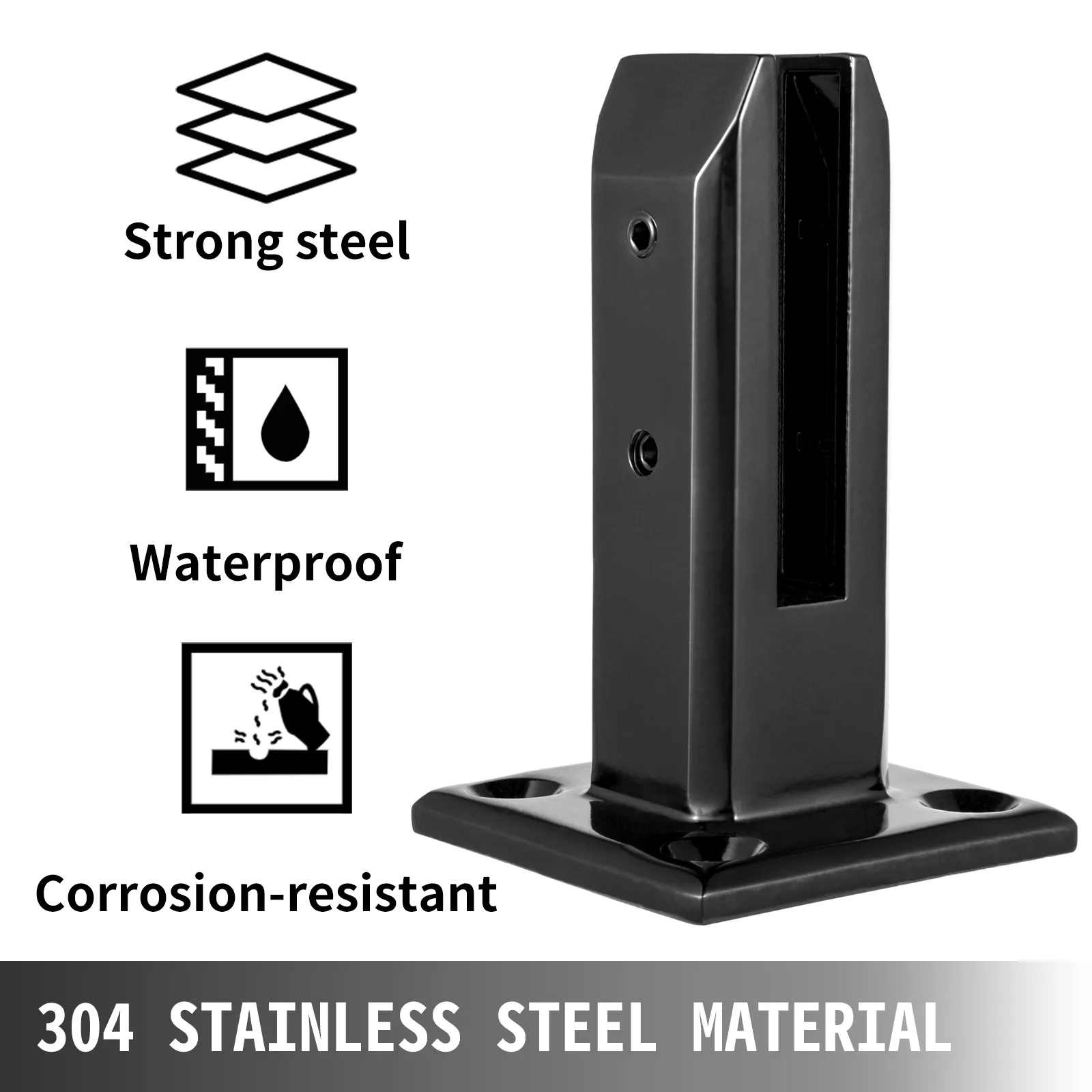 Abrazadera de barandilla de vidrio VEVOR en acero resistente, impermeable, resistente a la corrosión con texto.