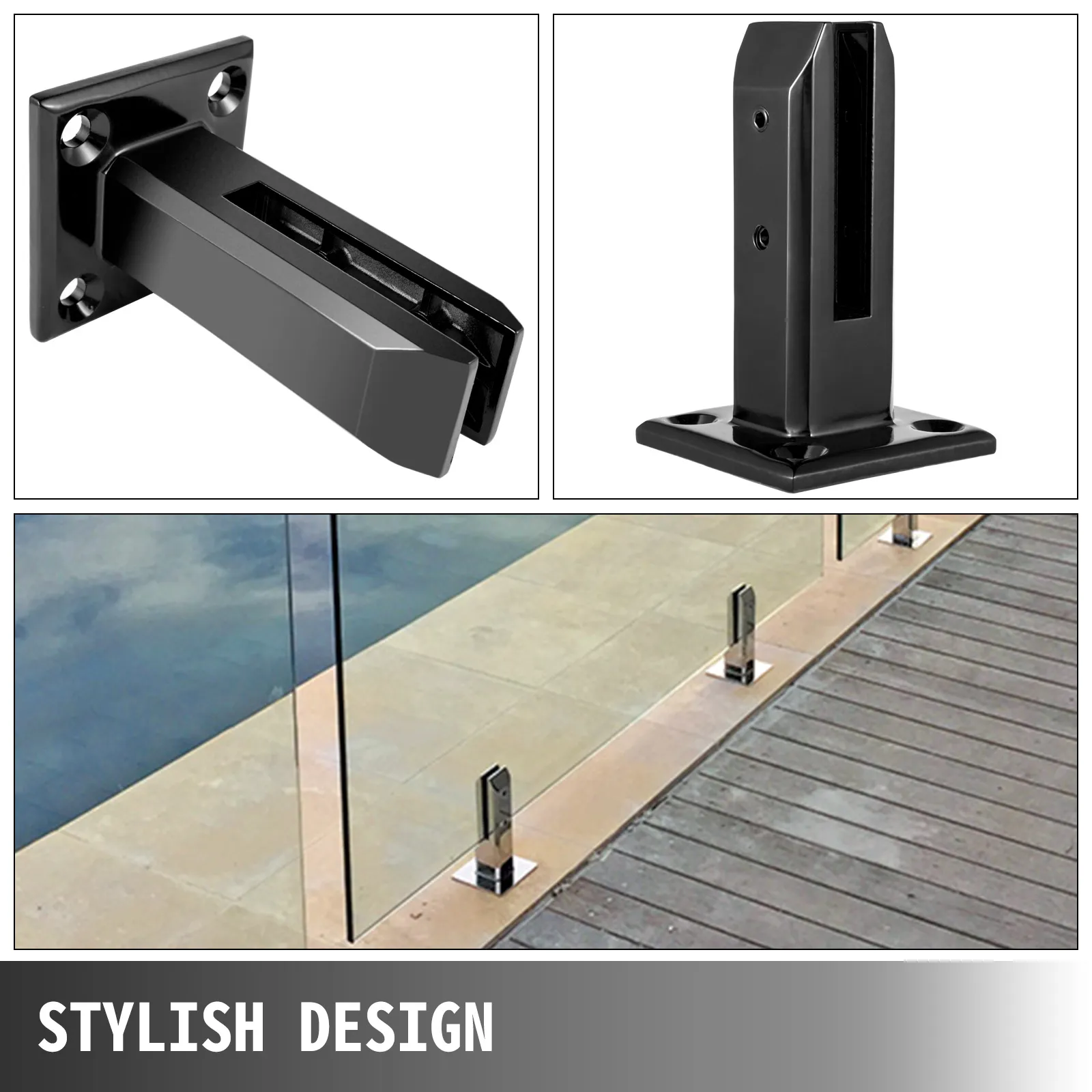 Abrazadera de barandilla de vidrio VEVOR en acción junto a una piscina, mostrando su elegante diseño.