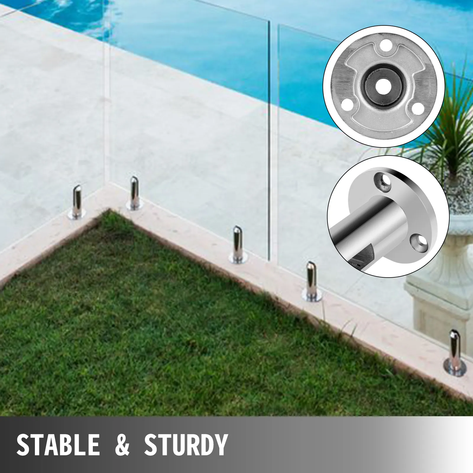 VEVOR-Glasgeländerklemme sichert Glasplatten rund um einen begrünten Poolbereich.