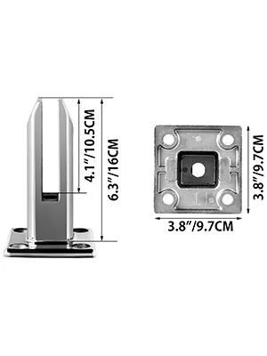 VEVOR glass railing clamp with dimensions of 6.3"/16cm height and 3.8"/9.7cm base.