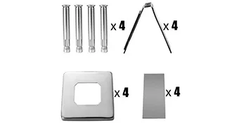 VEVOR glass railing clamp set with four bolts, clamps, square bases, and covers