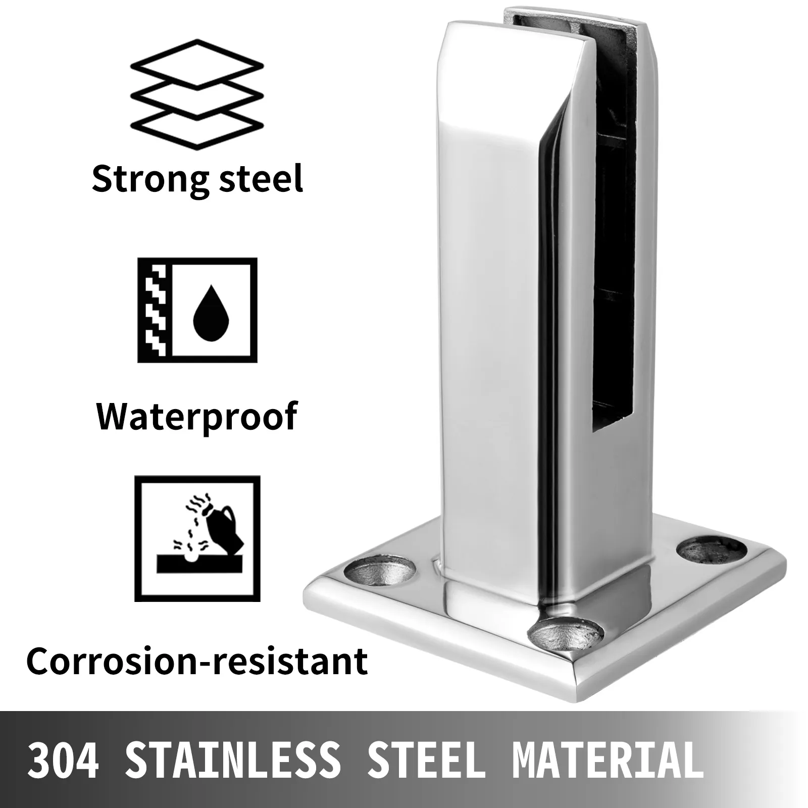 VEVOR glass railing clamp in 304 stainless steel, waterproof and corrosion-resistant.