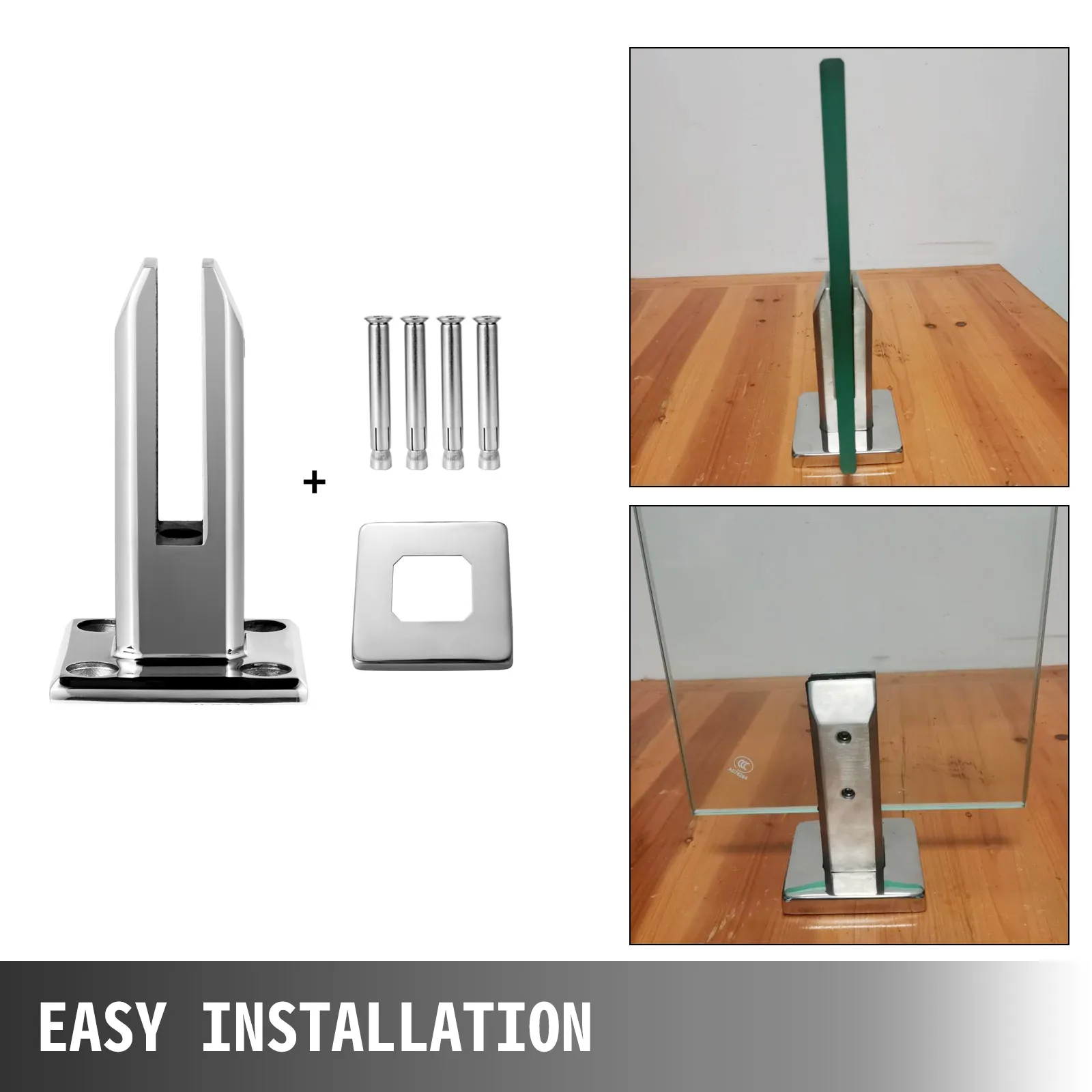 VEVOR glass railing clamp installation with bolts and cover on wooden floor.
