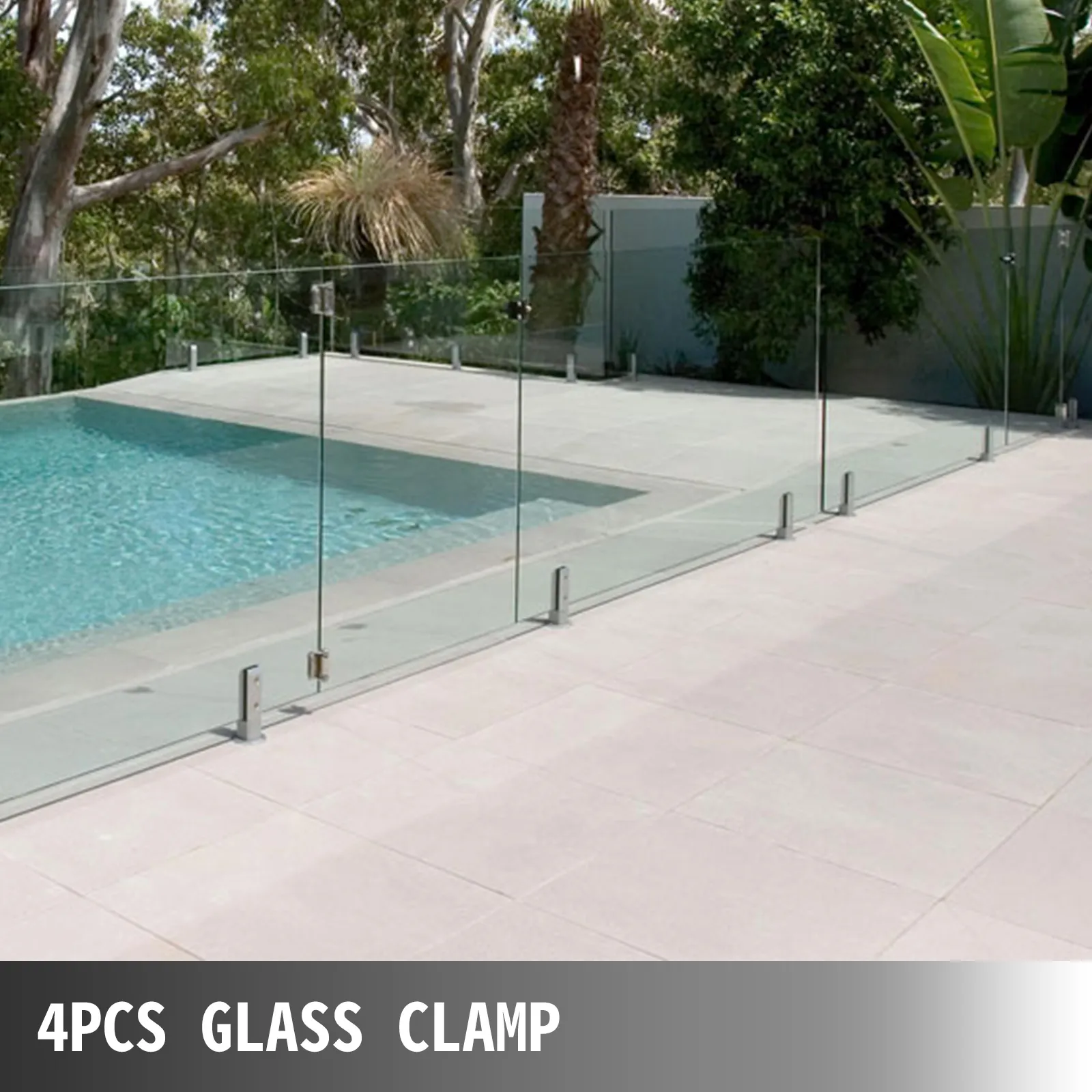 glass pool fence with 4pcs VEVOR glass railing clamp in a garden setting.
