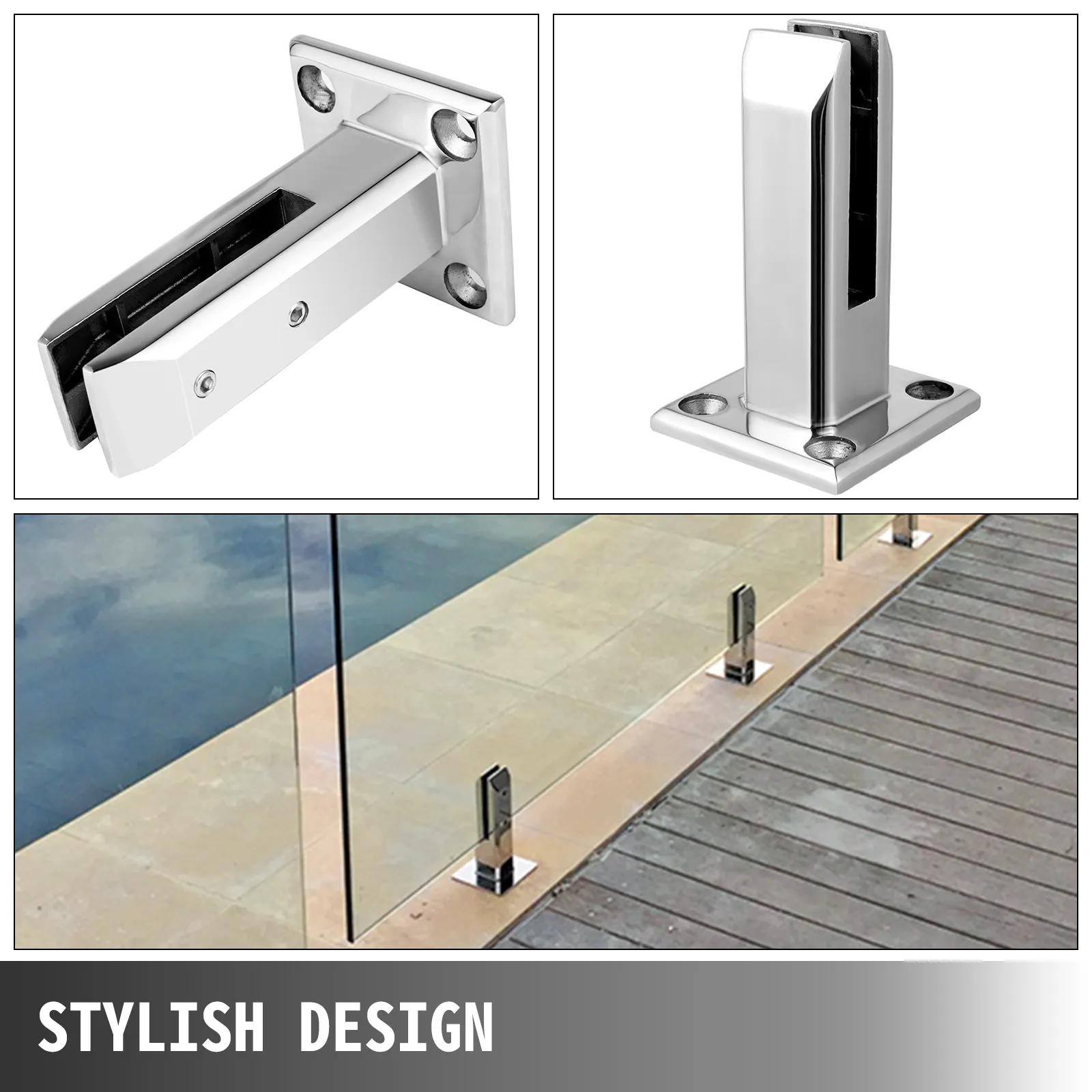 VEVOR glass railing clamp, stylish stainless steel design for poolside safety.