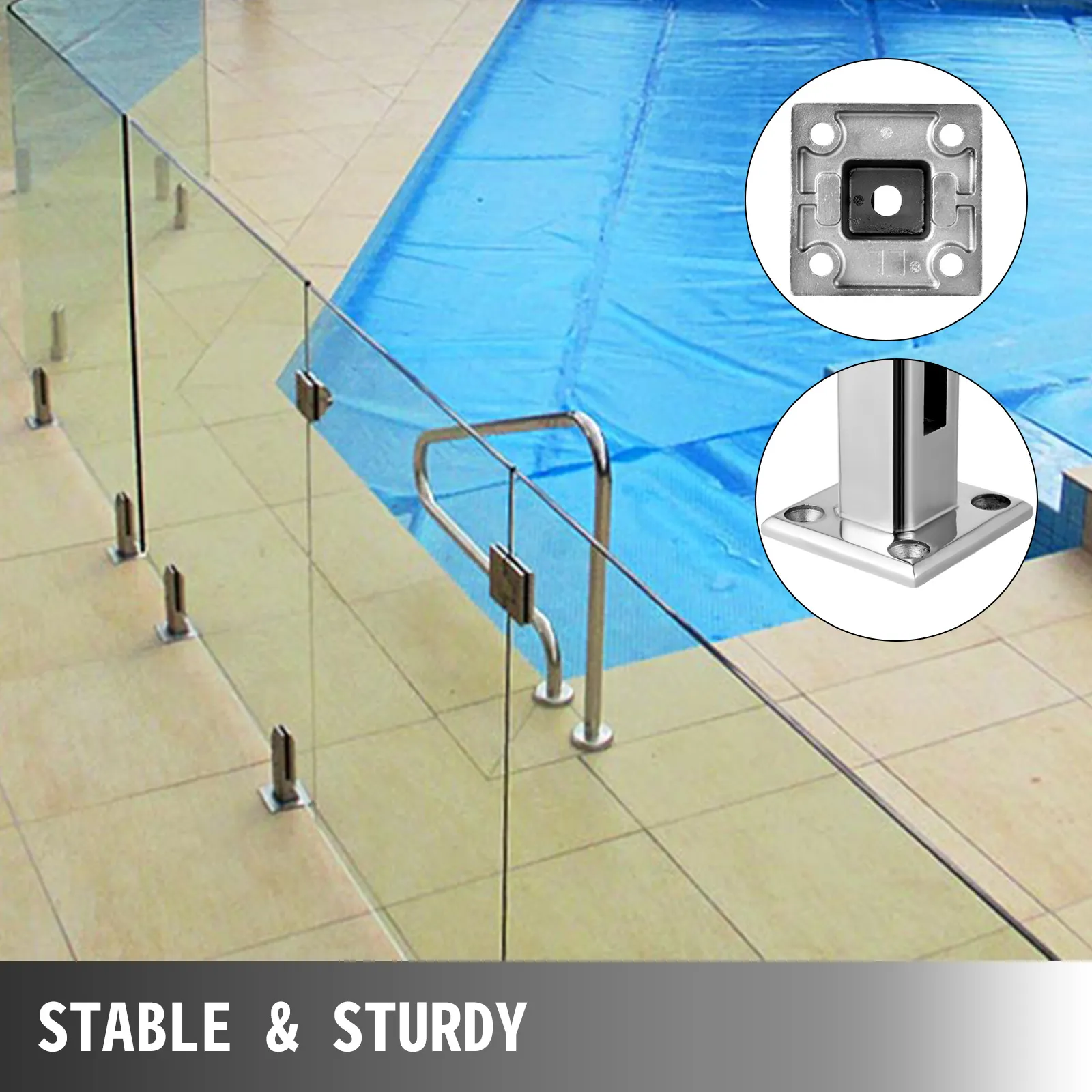 VEVOR glass railing clamp securing glass panels around a pool, ensuring stability and safety.