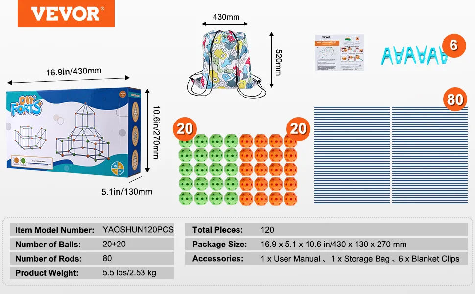El kit de fortaleza para carpa VEVOR incluye varillas, pelotas, bolsa de almacenamiento, manual de usuario, clips y caja de fortaleza para armar, con un total de 120 piezas.
