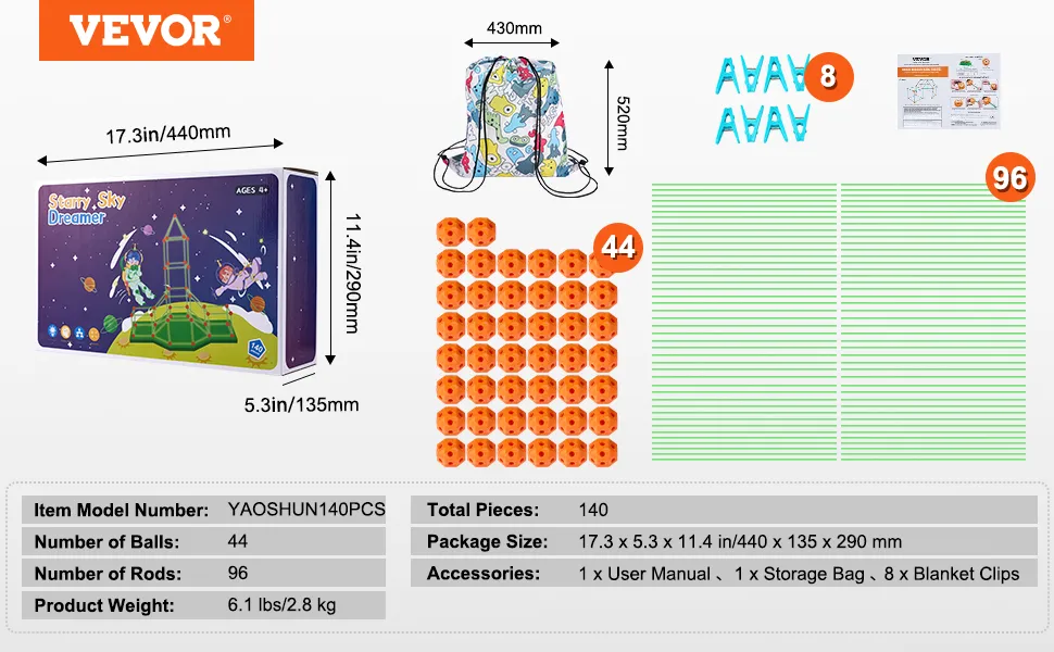 VEVOR tent fort kit includes 44 balls, 96 rods, 8 blanket clips, storage bag, and user manual.