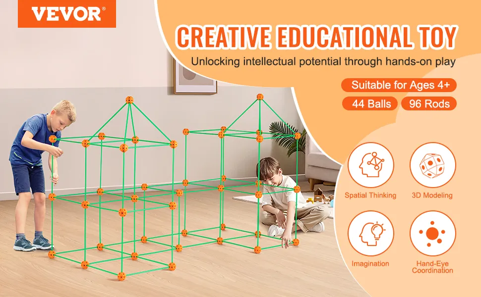 children building with the VEVOR tent fort kit, suitable for ages 4+, 44 balls, 96 rods, creative play.