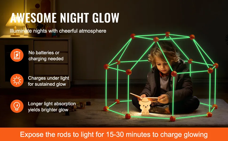 VEVOR tent fort kit night glow, child reading inside illuminated green frame, no charging needed.