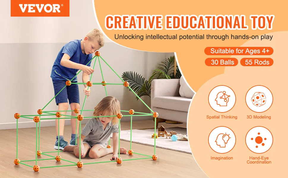 VEVOR tent fort building kit: creative educational toy for ages 4+, includes 30 balls, 55 rods.