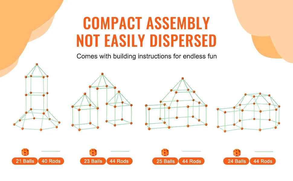 compact structures created with VEVOR tent fort building kit, showing rods and balls for assembly fun.