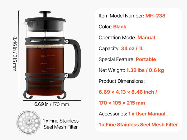 Cafetière à Piston VEVOR – 1 Litre En Verre Borosilicaté – Filtre En Inox – Idéale Pour Café, Thé Et Infusion à Froid – Maison, Camping, Voyage - 12