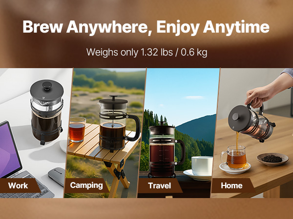 Cafetière à Piston VEVOR 1L En Verre Borosilicaté - Filtre Acier Inox 304, Bec Anti-goutte - Pour Café, Thé, Infusion Froide - Maison, Bureau, Camping - 9