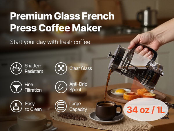 Cafetière à Piston VEVOR – 1 Litre En Verre Borosilicaté – Filtre En Inox – Idéale Pour Café, Thé Et Infusion à Froid – Maison, Camping, Voyage - 11